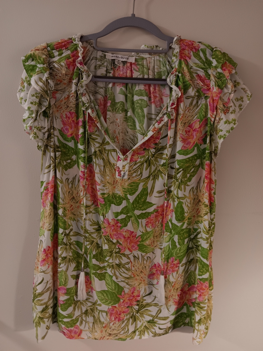 Rose & Olive Floral Tie-Front V-Neck Blouse in White, Pink & Green